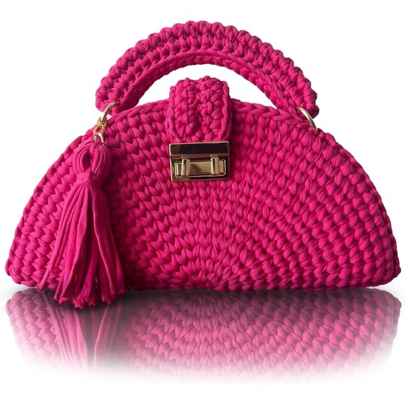 Women's Handmade Crochet Pink Evening Clutch Small Formal Flap Crossbody Bag - Picture 1 of 6